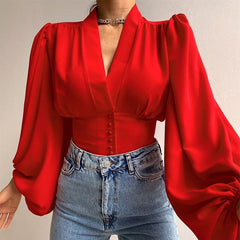 V-neck Lantern Sleeve Patchwork Printing Blouse