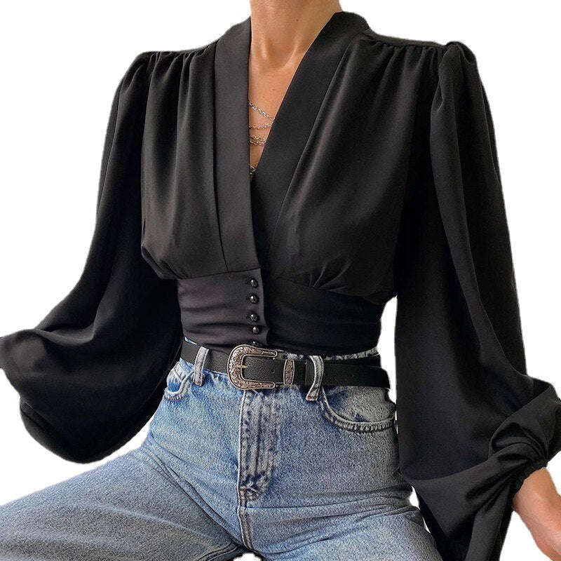 V-neck Lantern Sleeve Patchwork Printing Blouse