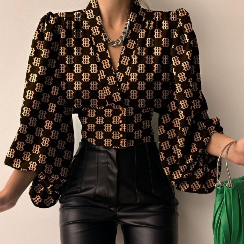V-neck Lantern Sleeve Patchwork Printing Blouse