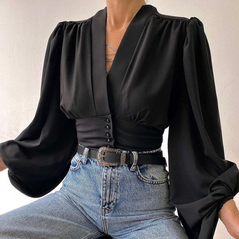 V-neck Lantern Sleeve Patchwork Printing Blouse