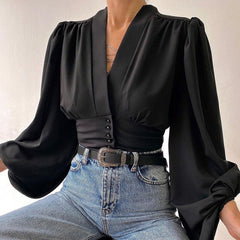 V-neck Lantern Sleeve Patchwork Printing Blouse