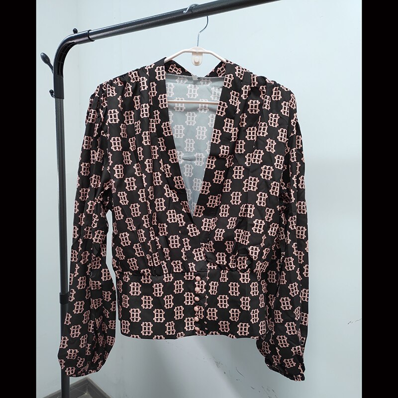 V-neck Lantern Sleeve Patchwork Printing Blouse