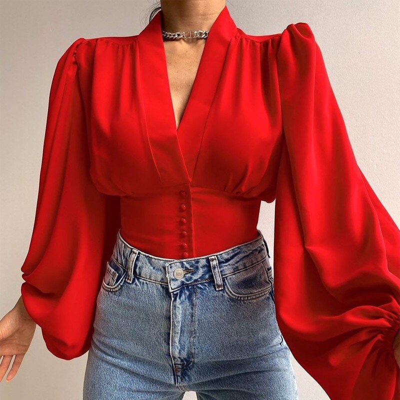 V-neck Lantern Sleeve Patchwork Printing Blouse