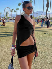 Cut Out Sexy Top and Skirt 2 Piece Set Drawstring Outfits