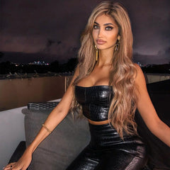 PU Leather Strapless Crop Top and Long Pants 2 Piece Set