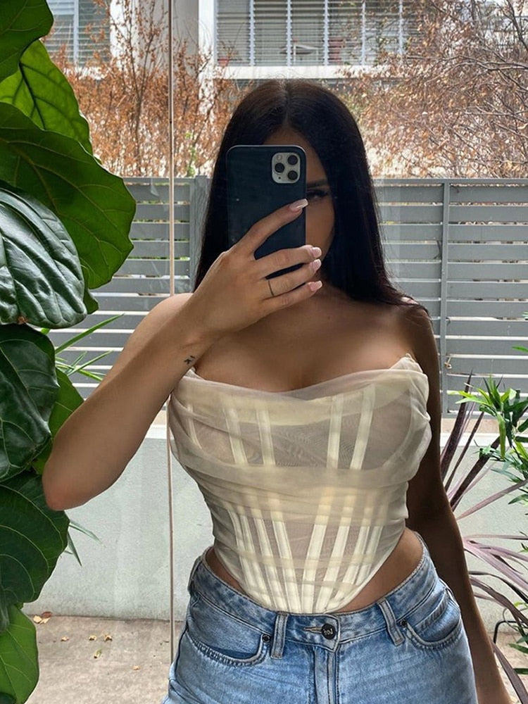 Sleeveless Fashion Strapless Bustier Corset Crop Tops Backless White Tops