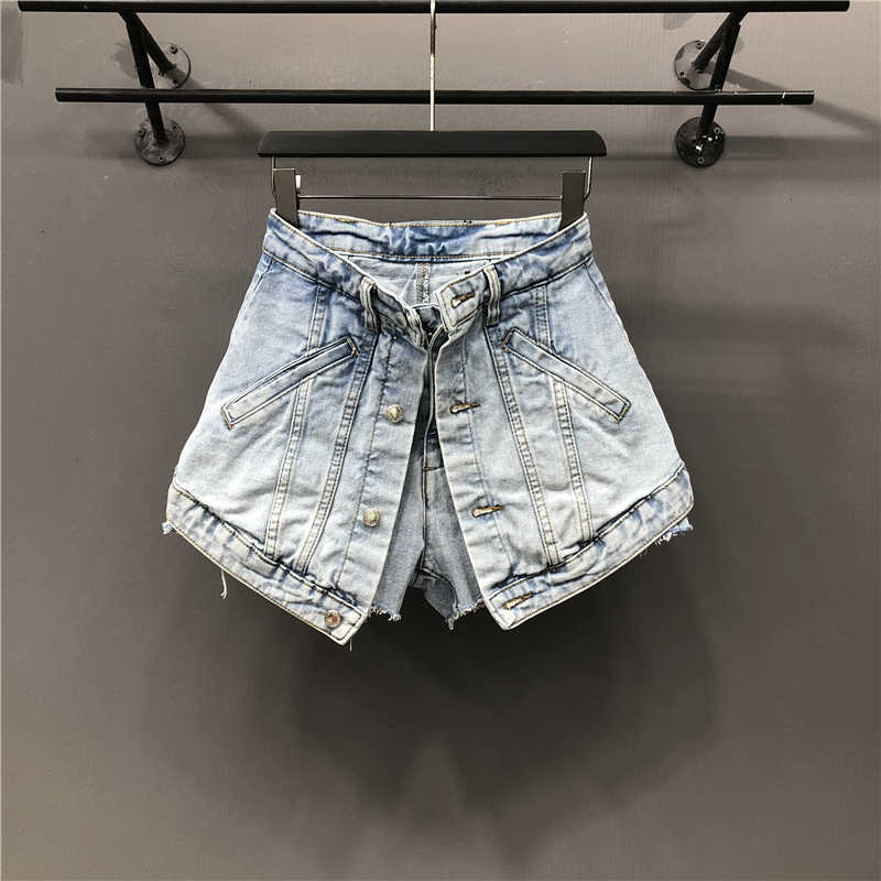 WomenFake Two Pieces of High Waist A-line Thin Denim Shorts Street Style
