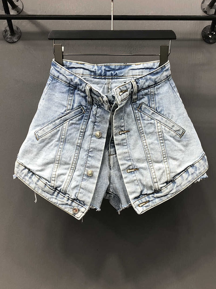 WomenFake Two Pieces of High Waist A-line Thin Denim Shorts Street Style