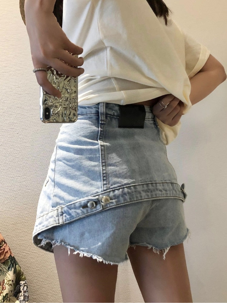WomenFake Two Pieces of High Waist A-line Thin Denim Shorts Street Style