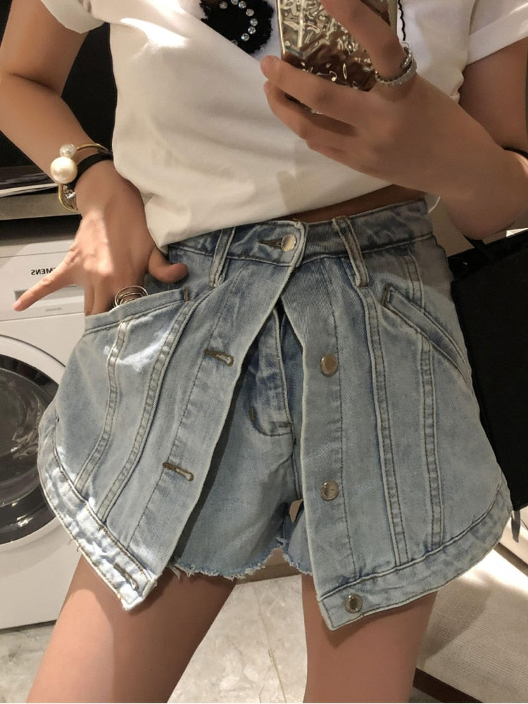 WomenFake Two Pieces of High Waist A-line Thin Denim Shorts Street Style