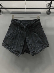 WomenFake Two Pieces of High Waist A-line Thin Denim Shorts Street Style