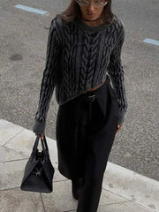 Dark Grey Irregular Hem Knitted Short O-neck Long Sleeve Crop Fashion Sweater