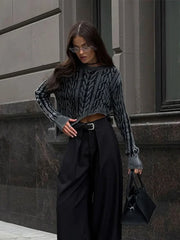 Dark Grey Irregular Hem Knitted Short O-neck Long Sleeve Crop Fashion Sweater