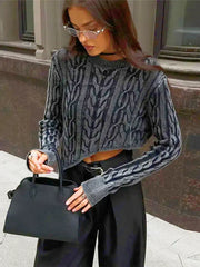 Dark Grey Irregular Hem Knitted Short O-neck Long Sleeve Crop Fashion Sweater