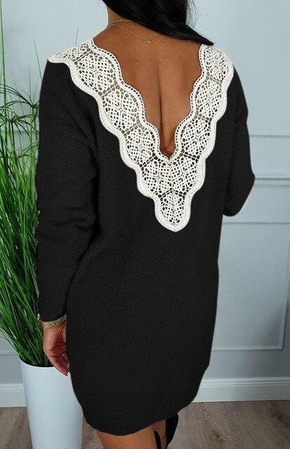 Deep V Back Long Sleeve Dress Bodycon Dress Sexy Dress Party Night Club Wear Lace Patchwork