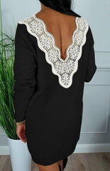 Deep V Back Long Sleeve Dress Bodycon Dress Sexy Dress Party Night Club Wear Lace Patchwork