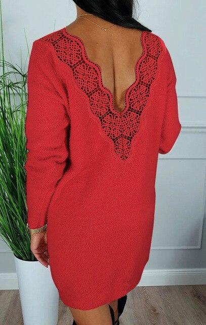 Deep V Back Long Sleeve Dress Bodycon Dress Sexy Dress Party Night Club Wear Lace Patchwork