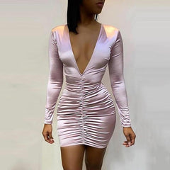 Deep v-neck ruched design satin dress