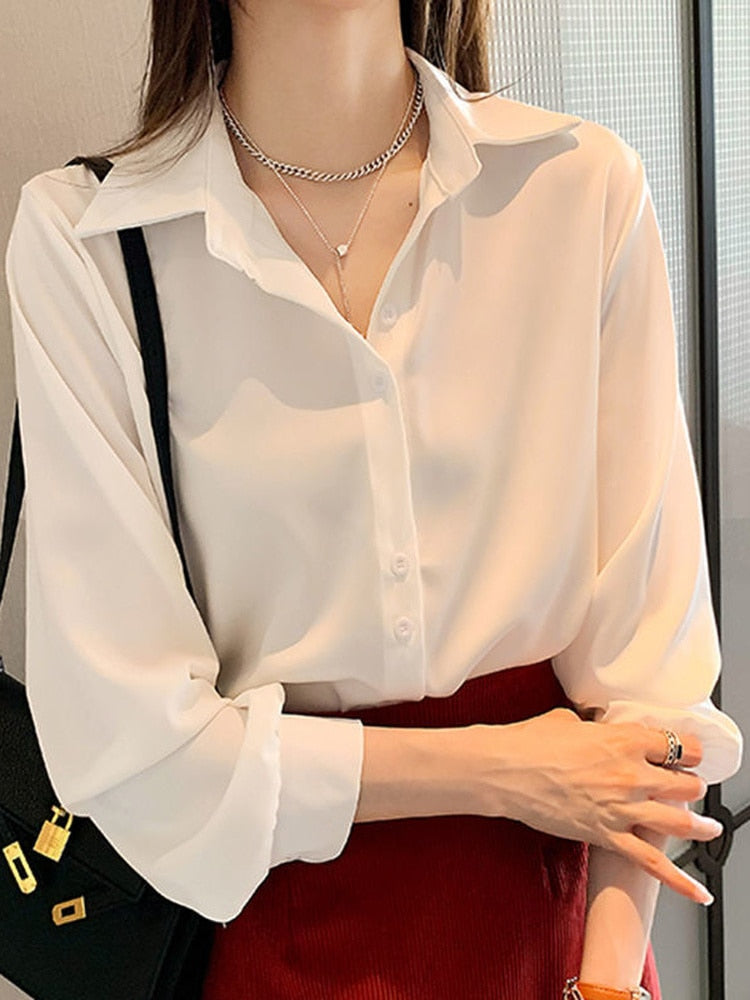 Chiffon Blouse Summer Thin Satin Silk Button Up Blouse Office Shirt