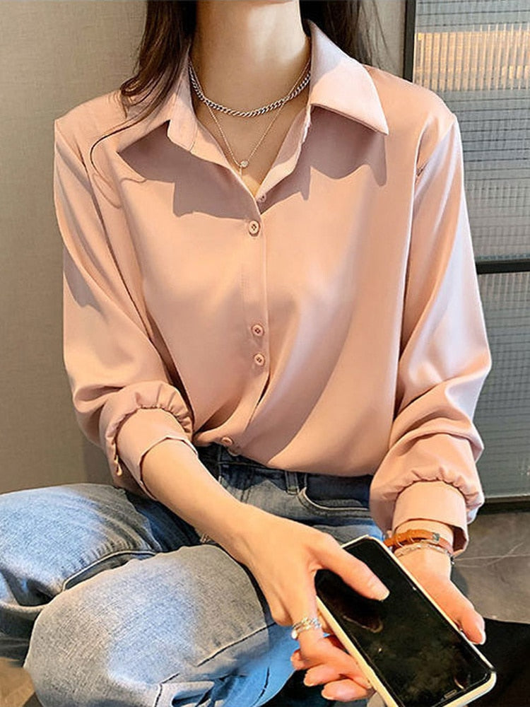 Chiffon Blouse Summer Thin Satin Silk Button Up Blouse Office Shirt