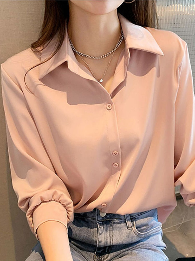 Chiffon Blouse Summer Thin Satin Silk Button Up Blouse Office Shirt