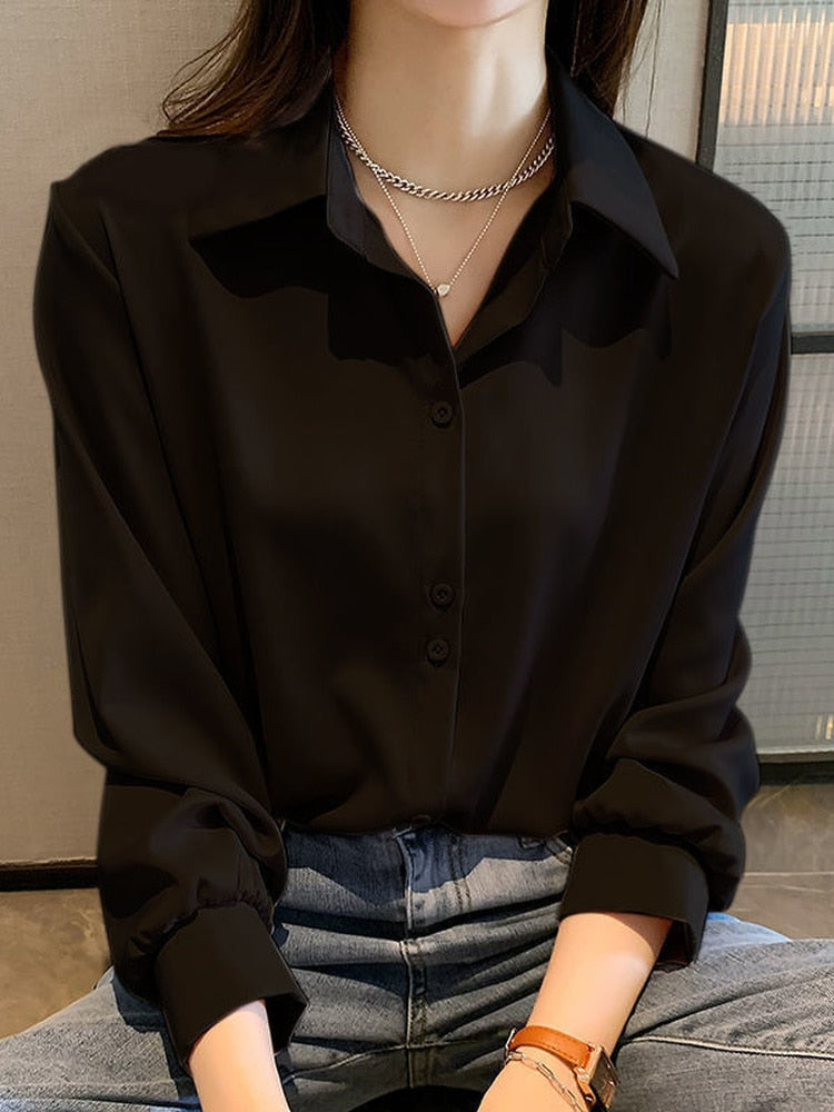 Chiffon Blouse Summer Thin Satin Silk Button Up Blouse Office Shirt