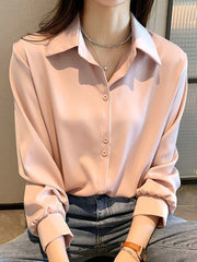 Chiffon Blouse Summer Thin Satin Silk Button Up Blouse Office Shirt