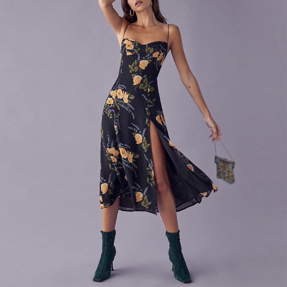 Vintage Midi Dress Side High Slit Spaghetti Strap Dress