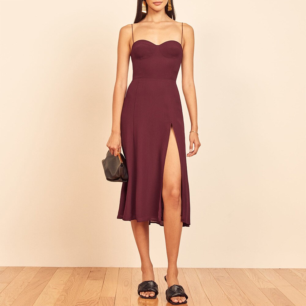 Vintage Midi Dress Side High Slit Spaghetti Strap Dress