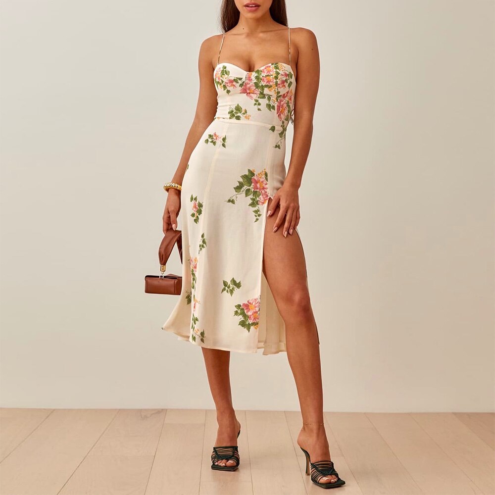Vintage Midi Dress Side High Slit Spaghetti Strap Dress