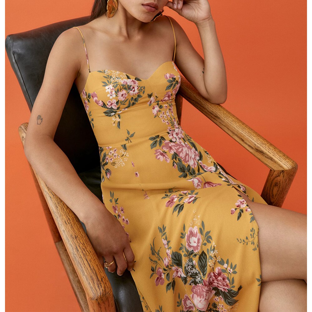Vintage Midi Dress Side High Slit Spaghetti Strap Dress