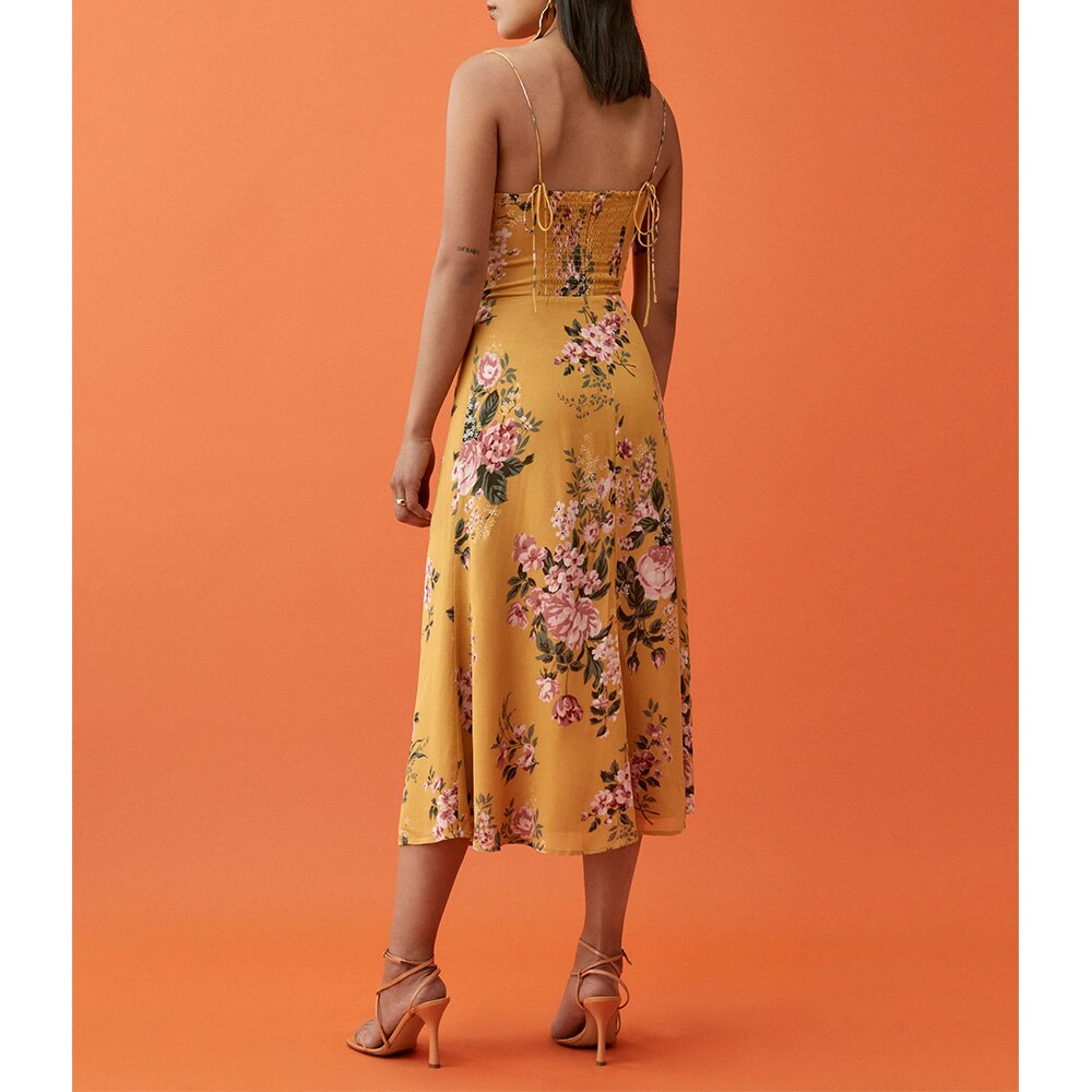 Vintage Midi Dress Side High Slit Spaghetti Strap Dress