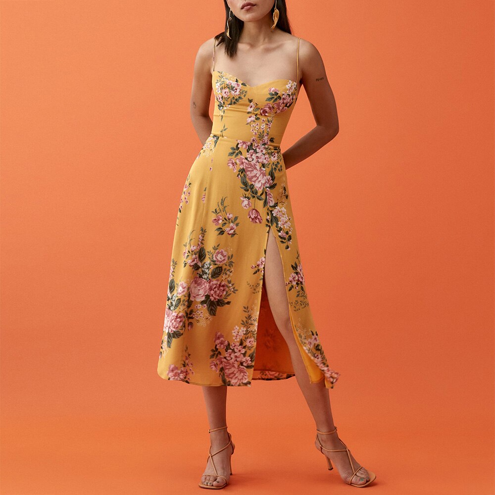Vintage Midi Dress Side High Slit Spaghetti Strap Dress