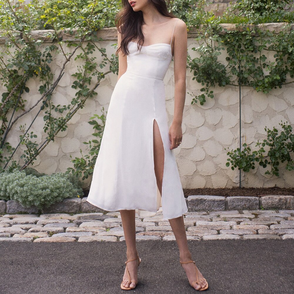 Vintage Midi Dress Side High Slit Spaghetti Strap Dress