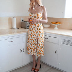 Vintage Midi Dress Side High Slit Spaghetti Strap Dress