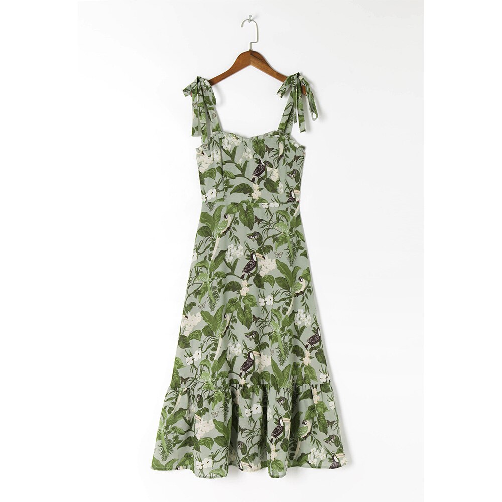 Elegant Ruffle Hem Beach Summer Dress Sweetheart Neck Tie Strap Midi Dress