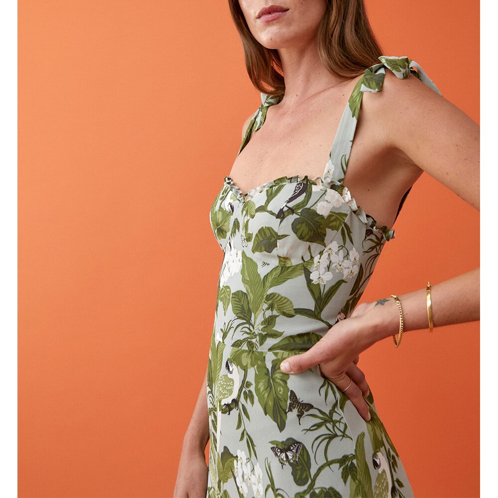 Elegant Ruffle Hem Beach Summer Dress Sweetheart Neck Tie Strap Midi Dress