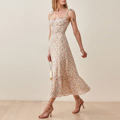 Elegant Ruffle Hem Beach Summer Dress Sweetheart Neck Tie Strap Midi Dress
