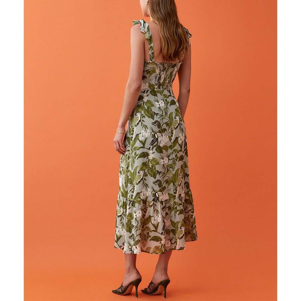 Elegant Ruffle Hem Beach Summer Dress Sweetheart Neck Tie Strap Midi Dress