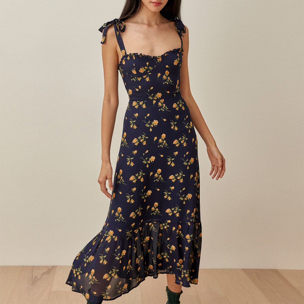 Elegant Ruffle Hem Beach Summer Dress Sweetheart Neck Tie Strap Midi Dress
