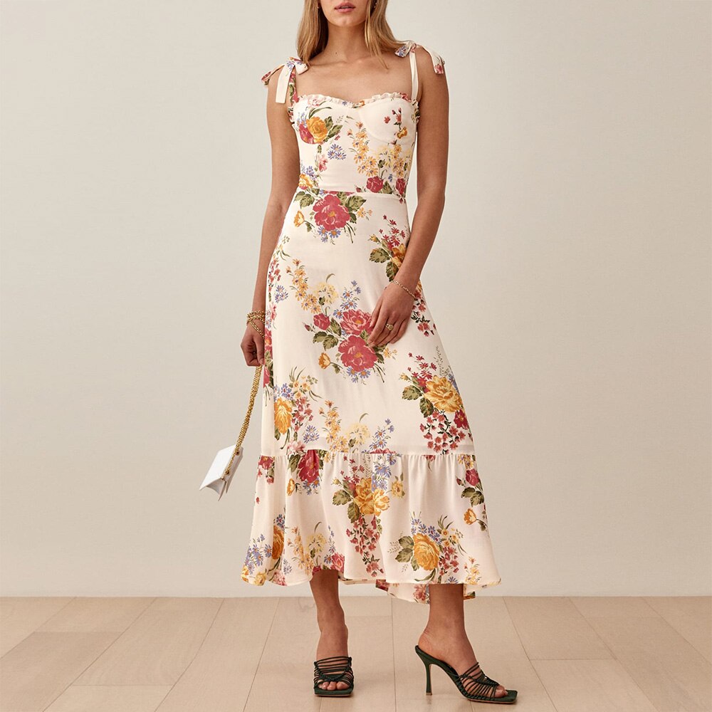 Elegant Ruffle Hem Beach Summer Dress Sweetheart Neck Tie Strap Midi Dress