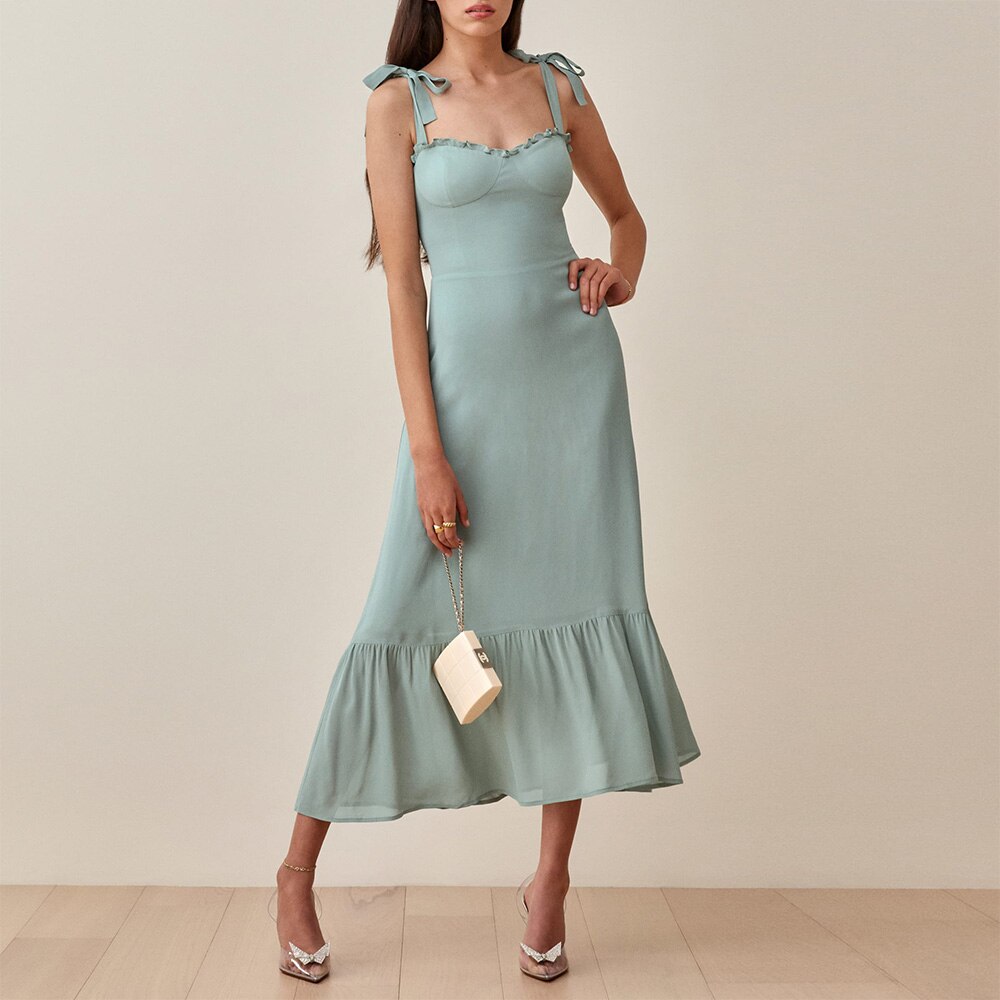Elegant Ruffle Hem Beach Summer Dress Sweetheart Neck Tie Strap Midi Dress