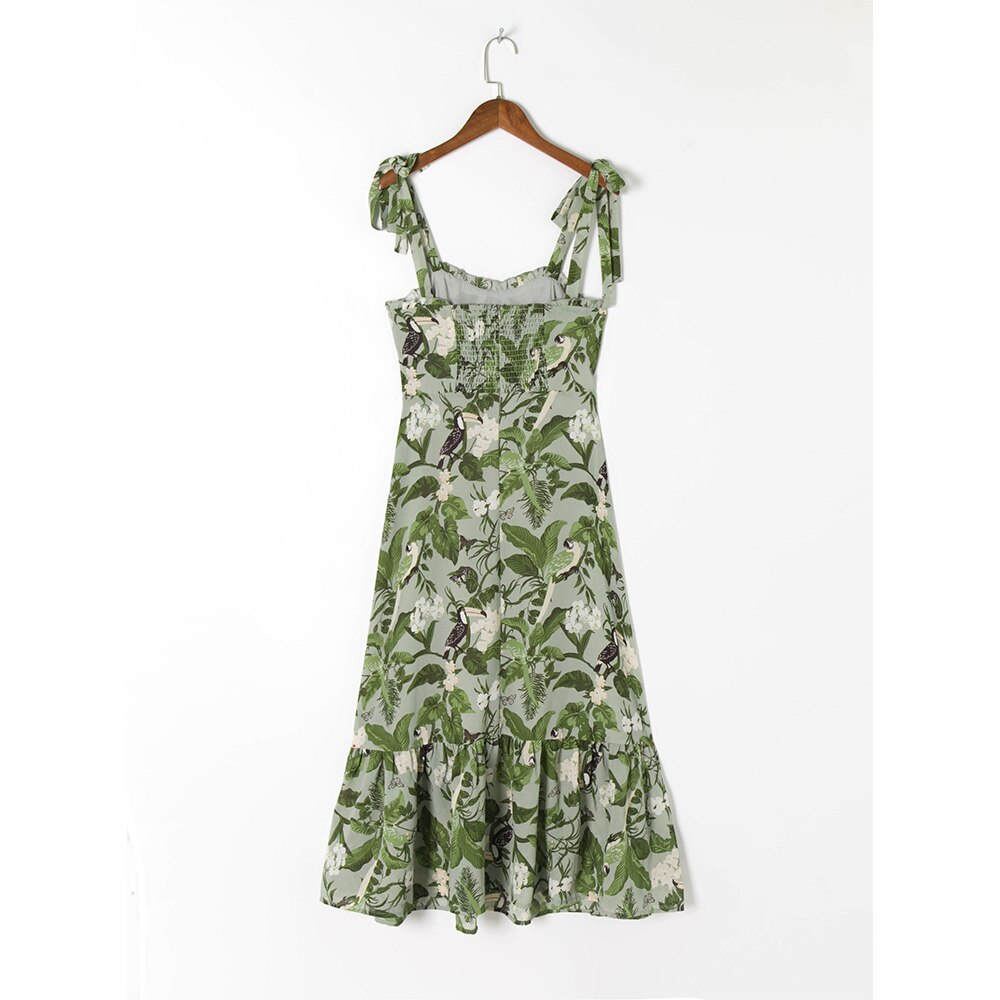 Elegant Ruffle Hem Beach Summer Dress Sweetheart Neck Tie Strap Midi Dress