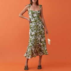 Elegant Ruffle Hem Beach Summer Dress Sweetheart Neck Tie Strap Midi Dress