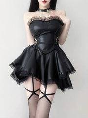 90s Vintage Gothic Black Party Hollow Out High Waist Lace-up Corset Mini Dress