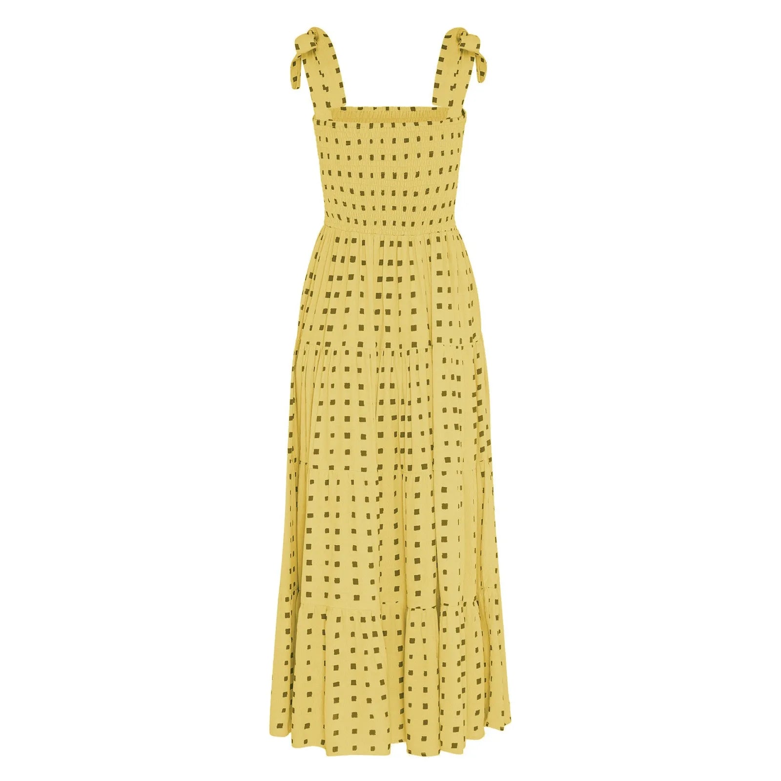 Dot Square Neck Pleated Long Holiday Beach Casual Boho Dress