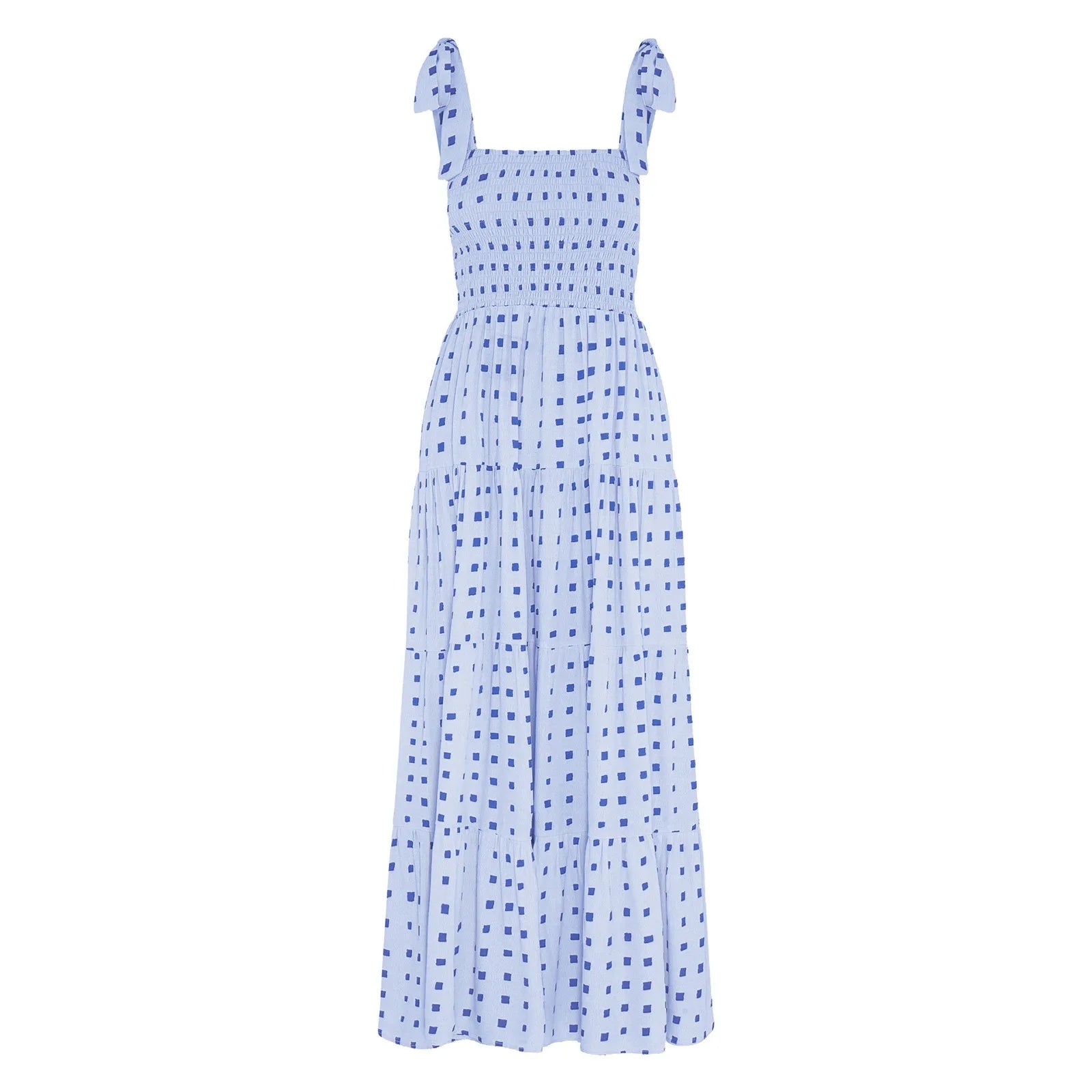 Dot Square Neck Pleated Long Holiday Beach Casual Boho Dress