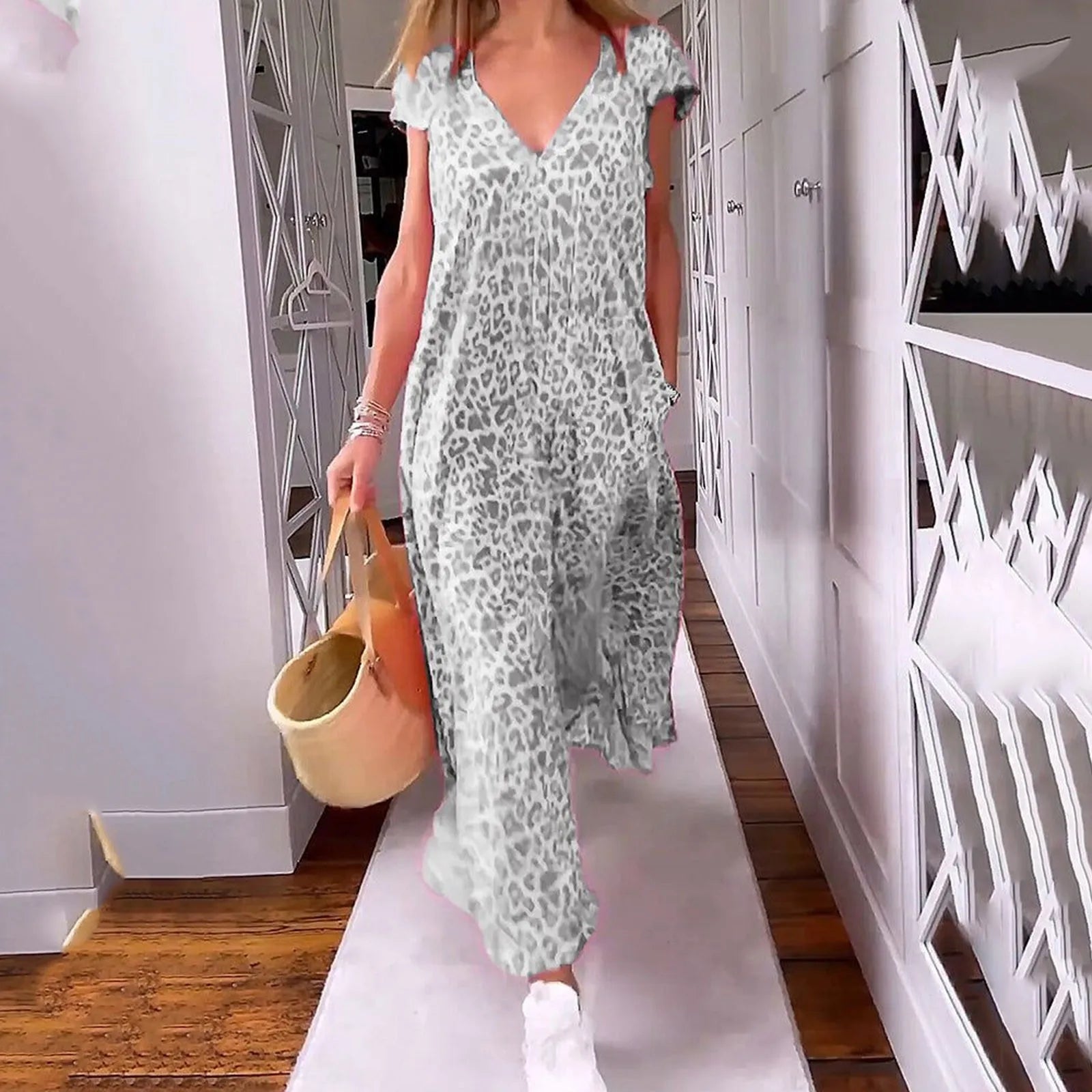 Boho Floral V Neck Short Sleeve Flowy Swing A Line Long WomenBoho Dress