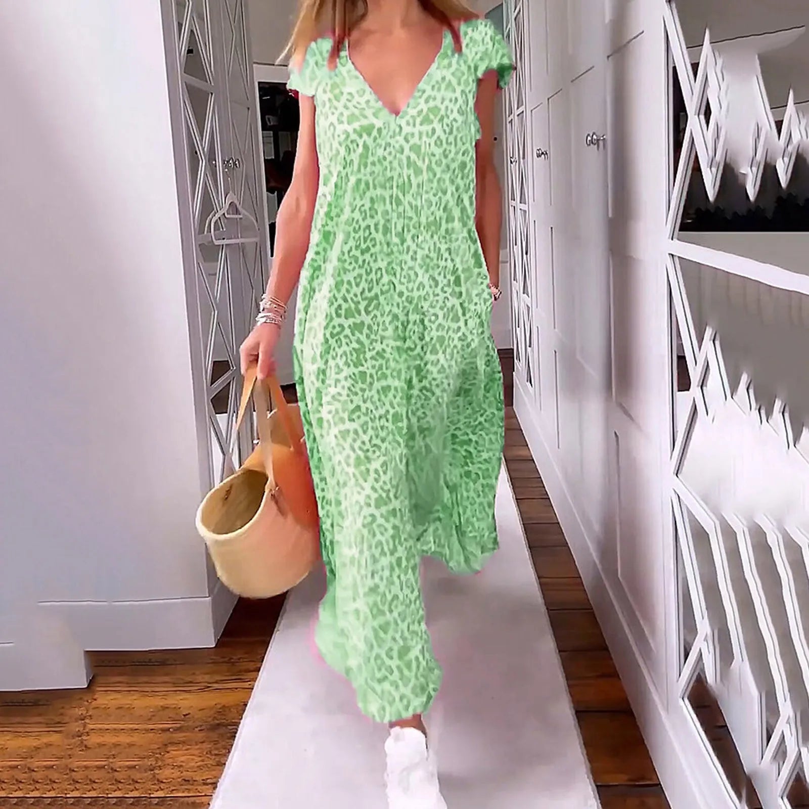 Boho Floral V Neck Short Sleeve Flowy Swing A Line Long WomenBoho Dress