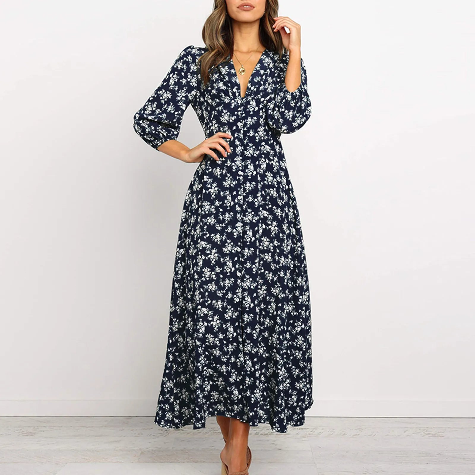 Offer Liquidation V-Neck Long Sleeved High Waisted Chiffon Print Holiday Boho Dress